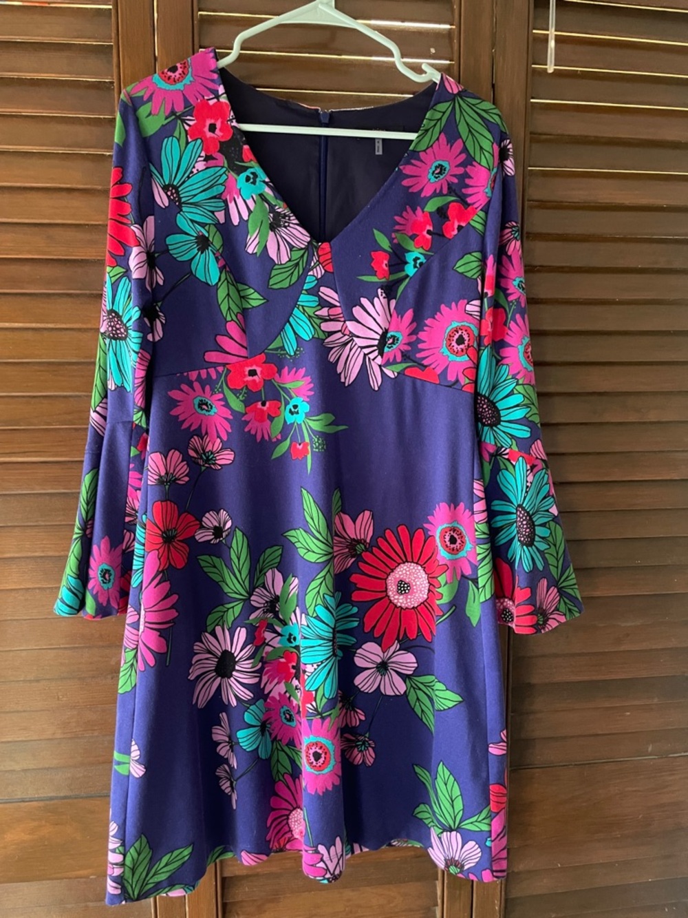 Trina Turk Floral V-Neck A-Line Dress in Purple with Multicolor Blooms